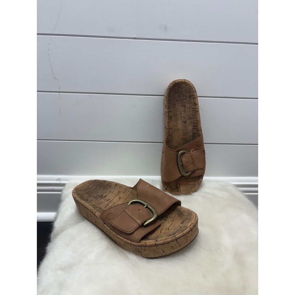 Born Sloane leather and cork slide platform sandals tan brown US 9
